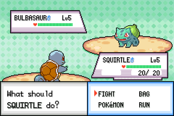 Squirtle faces Bulbasaur with the English battle menu visible