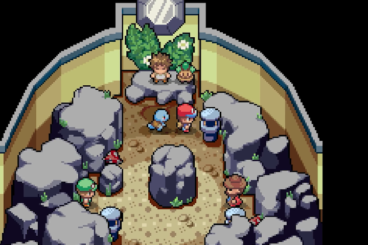Rock formations surround Brock inside the redesigned Pewter Gym