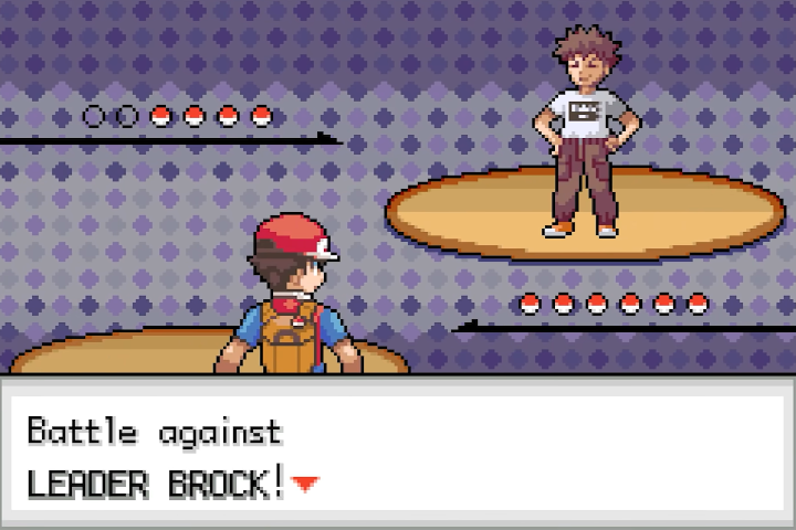Brock appears across from the trainer at the start of a Gym battle