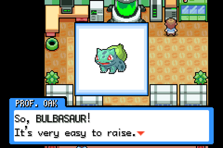 Professor Oak introduces Bulbasaur on the starter selection screen