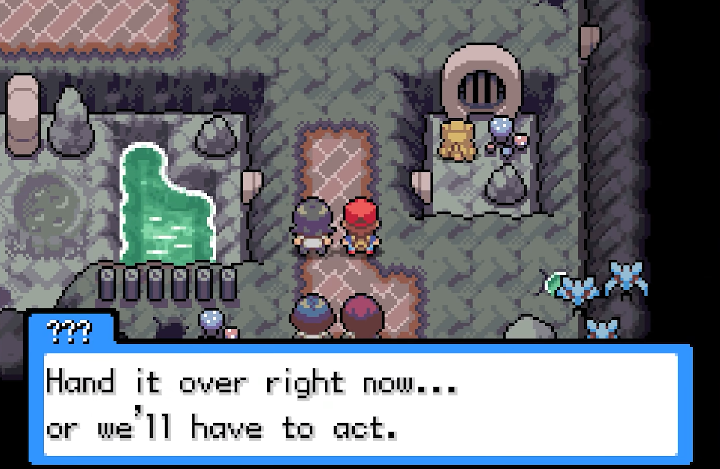 A story encounter beside a pool of water inside Mt. Moon