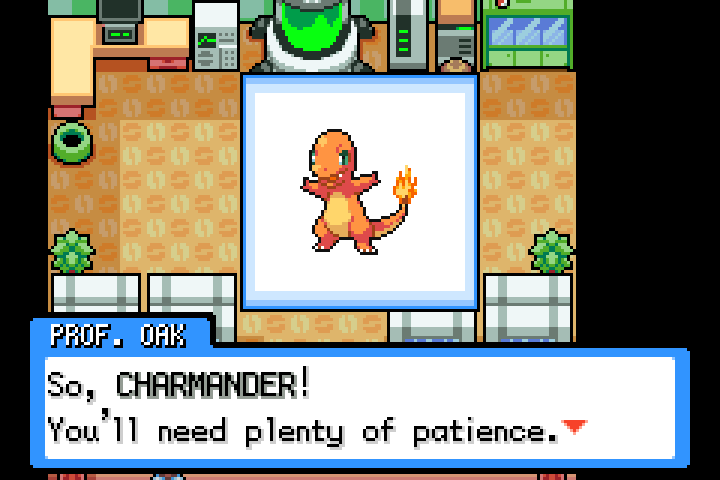 Professor Oak introduces Charmander on the starter selection screen