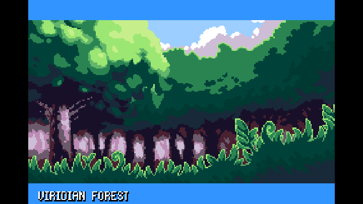 Viridian Forest entrance illustration with dense trees and sunlit foliage