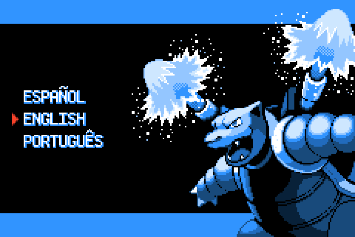 Opening screen offering Español, English and Português beside Blastoise