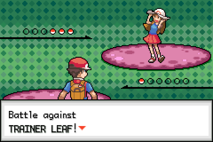 The trainer begins a battle against Trainer Leaf