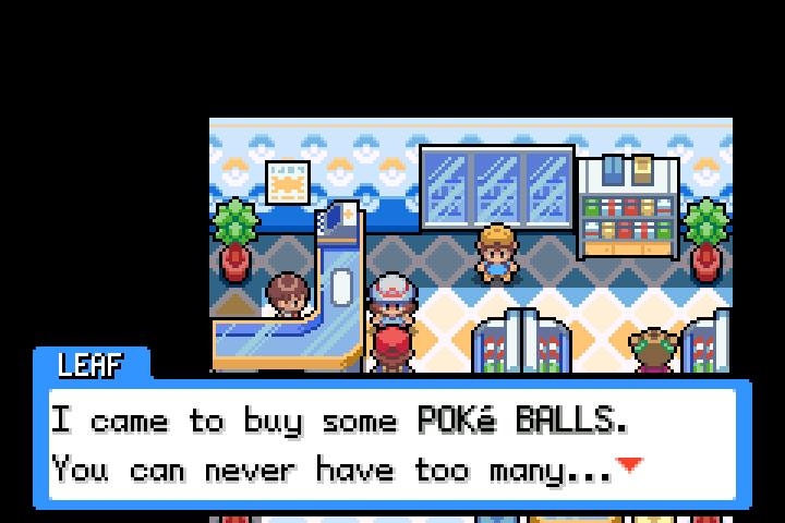 Leaf talks to the trainer inside a Poke Mart
