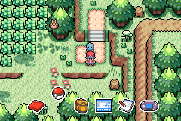 The trainer stands near Viridian Forest with a row of game-menu icons open