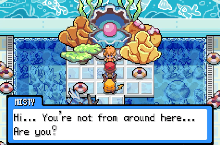 Misty greets the trainer inside the redesigned Cerulean Gym