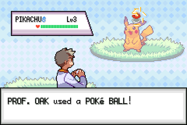 Professor Oak throws a Poke Ball toward a wild Pikachu