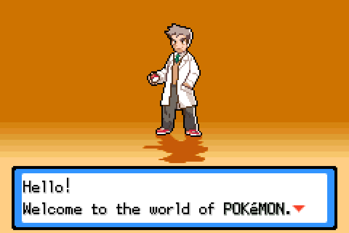 Professor Oak welcomes the player at the beginning of the adventure