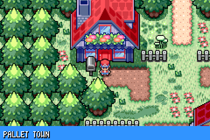 A red-roofed house surrounded by trees and flowers in Pallet Town