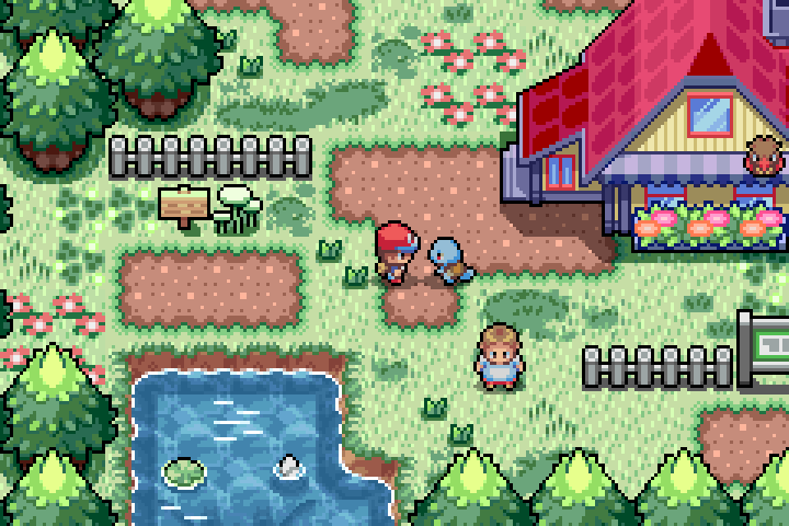 The trainer and Squirtle together beside a pond in Pallet Town