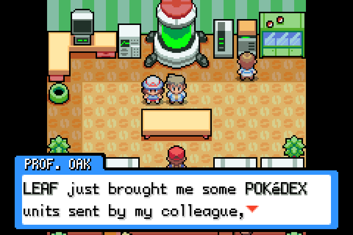 Professor Oak explains that Leaf brought Pokedex units to his lab