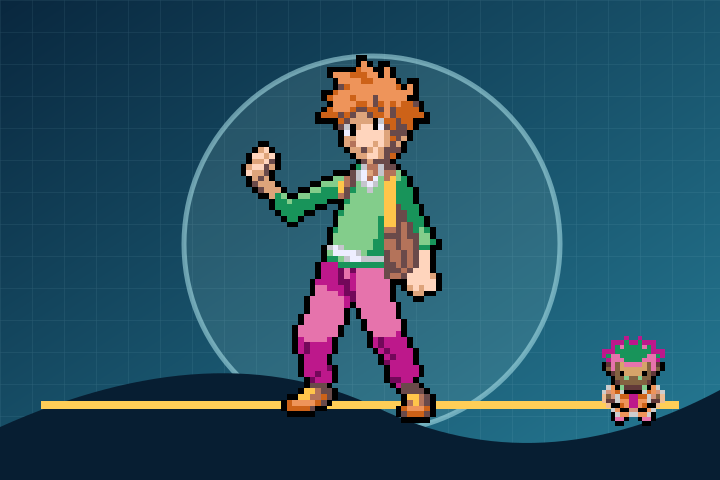 Ilustração com os sprites do rival Blue, também chamado Gary