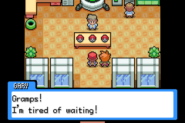 The rival greets Professor Oak inside the Pallet Town laboratory