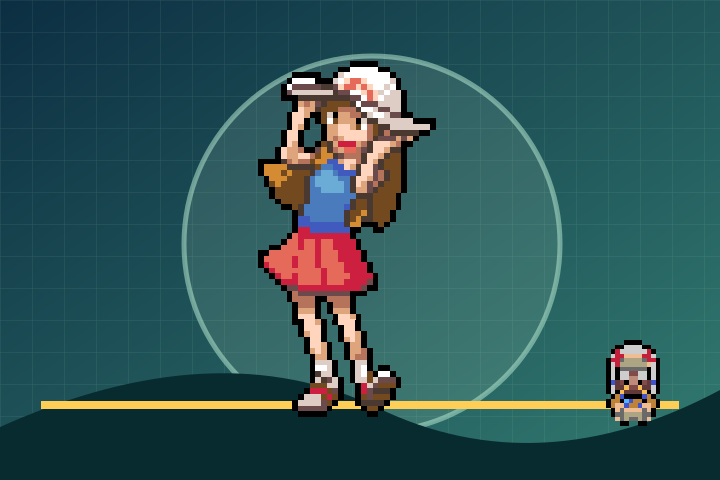 Ilustração com os sprites da rival Leaf