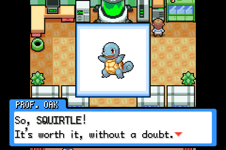 Professor Oak introduces Squirtle on the starter selection screen