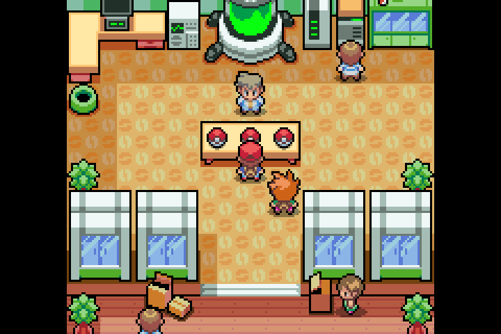 Professor Oak, the trainer and three starter Poke Balls inside the laboratory