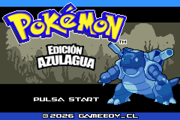 Pantalla de inicio de Pokemon Azul Agua con Blastoise y el texto Edición Azul Agua